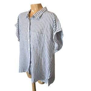 ORVIS Womens Shirt Top Blue White X Large Striped Linen Blend Button Up Coastal